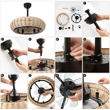 Cassidy 23" 6-Light Modern Bohemian 6-Speed Metal/Rattan Mobile-App/Remote-Controlled Height-Adjustable Lantern LED Ceiling Fan - JONATHAN Y